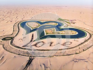 Heart shape Love lakes in Dubai desert aerial view