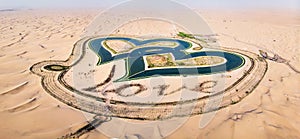 Heart shape Love lakes in Dubai desert aerial view