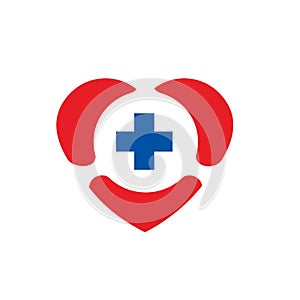 Heart Shape Love Symbol and Cross, Positive, Medical Sign, Vector Logo Design