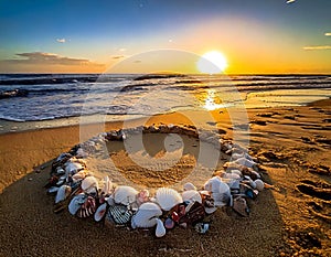 Heart Shape of Seashells on Beach Sand at Sunset with Ocean and
