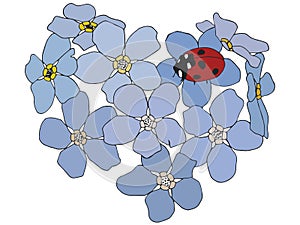 Heart shape made of flowers with a ladybug