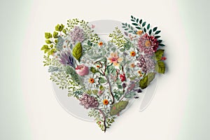 Heart shape made of flowers and leaves on white background. Valentines day. Love with plants. Generative AI