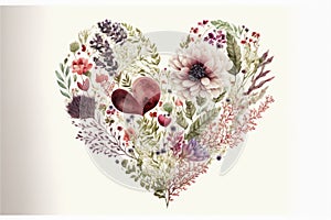 Heart shape made of flowers and leaves on white background. Valentines day. Love with plants. Generative AI