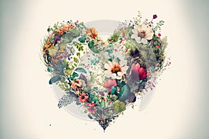 Heart shape made of flowers and leaves on white background. Valentines day. Love with plants. Generative AI