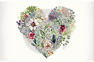 Heart shape made of flowers and leaves on white background. Valentines day. Love with plants. Generative AI