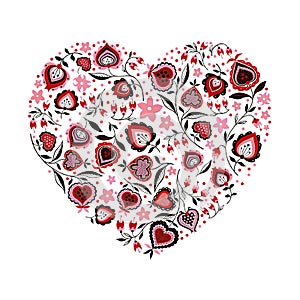 Heart shape made of folk flowers, dots, abstract hearts. Valentine`s day. Happy Valentine`s day greeting card template in heart