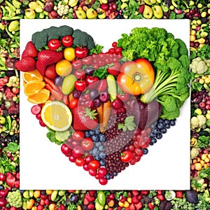 Heart shape made of fresh fruits and vegetables for healthy eating concept