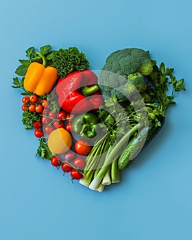 Heart shape made of fruits and vegetables on blue background