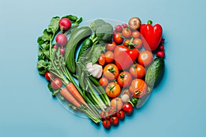 Heart shape made of fruits and vegetables on blue background