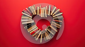 Heart Shape Made of Love story Books on Red Background. Artistic heart-shaped configuration of assorted books on a bold