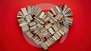 Heart Shape Made of Love story Books on Red Background. Artistic heart-shaped configuration of assorted books on a bold