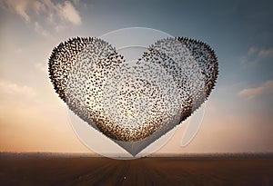 a heart shape made out of many black birds standing in the grass
