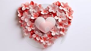 Heart shape made of pink and white flowers on pink background, valentines day concept. Generative AI