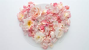 Heart shape made of pink and white rose flowers on white background.