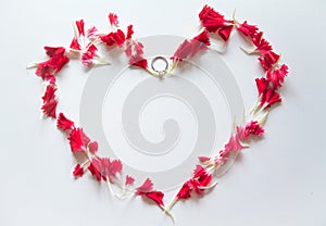 Heart shape made by red carnation petals with ring