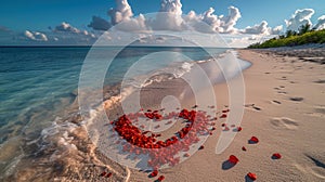 Heart shape made of red rose petals on a sandy beach with gentle waves and a blue sky. A romantic and serene scene perfect for