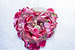 A heart shape made with rose petals celebrating the VALENTINE`S DAY on a silver/white wooden surface.