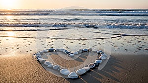 Heart shape made of shells on beach at sunset