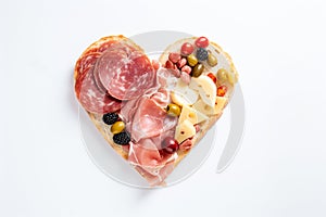 Heart shape made of traditional Spanish tapas, ham, salami, cheese and olives with bread. Flat lay with assorted appetizers for