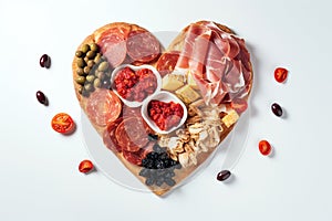 Heart shape made of traditional Spanish tapas, ham, salami, cheese and olives with bread. Flat lay with assorted appetizers for