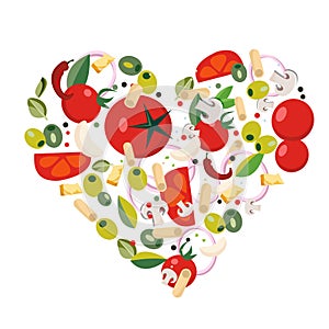 Heart shape with Mediterranean icons. Ingredients - tomato, olive, onion, pepper, mushroom, pasta, cheese,chili,garlic