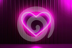 Heart shape neon luminance light on black wall black drop background