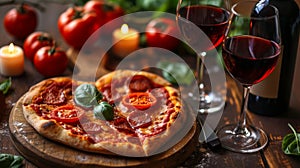 a heart in shape pizza and wine glasses is placed on a dark table