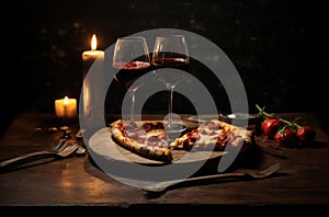 a heart in shape pizza and wine glasses is placed on a dark table