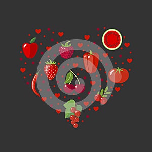 Heart shape with red fruits and vegetables