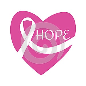 Heart shape with ribbon cancer symbol text Hope isolated on white background. Awareness, breast cancer support