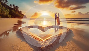 Heart shape in the sand on an exotic beach with silhouette of a couple on a date together at the sea shore spend the sunset. Love