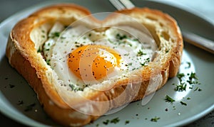 heart shape shaped bread with bread and egg, for breakfast, healthy breakfast