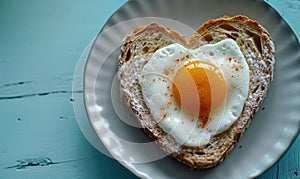 heart shape shaped bread with bread and egg, for breakfast, healthy breakfast