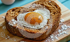 heart shape shaped bread with bread and egg, for breakfast, healthy breakfast