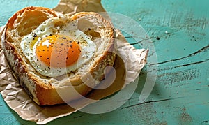 heart shape shaped bread with bread and egg, for breakfast, healthy breakfast