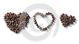 Heart shape sign made of coffee beans on white background