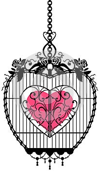 Heart shape symbol of love locked in an iron cage