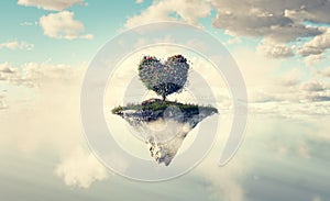 Heart shape tree on floating island in clouds