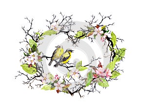 Heart shape with twigs, spring flowers, leaves and two birds. Watercolor floral wreath for wedding