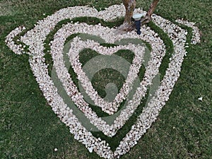 heart shape white stones on the grass for landscape design. Backdrop for Valentineâ€™s day or romantic background for wedding card