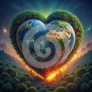 A heart-shaped 3D world with perfect tree cover. laying on the ground of green grass