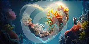 Heart shaped air bubble with corals underwater. Romantic concept wallpaper.