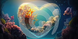 Heart shaped air bubble with corals underwater. Romantic concept wallpaper.
