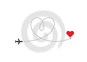 Heart shaped airplane flying on love route to destination in heart shape. Way to heart symbol. Isolated vector