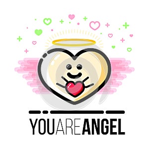 Heart shaped angel with wings holding gift. Saint Valentine Day greeting card. Flat line style icon.