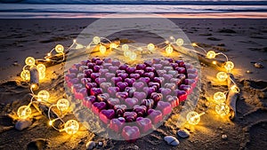 Heart-shaped arrangement on beach with lights