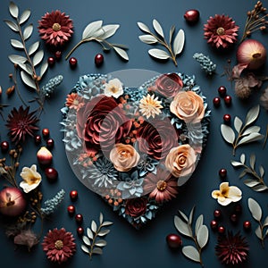 A heart shaped arrangement of flowers and leaves