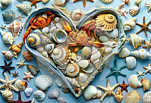 A heart-shaped array of various seashells, starfish, and a toy crab on a light background, embodying marine life and oceanic