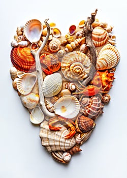 A heart-shaped array of various seashells, starfish, and a toy crab on a light background, embodying marine life and oceanic