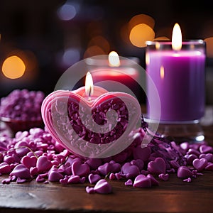 Heart-shaped assorted chocolates on candlelit background. Square format photo